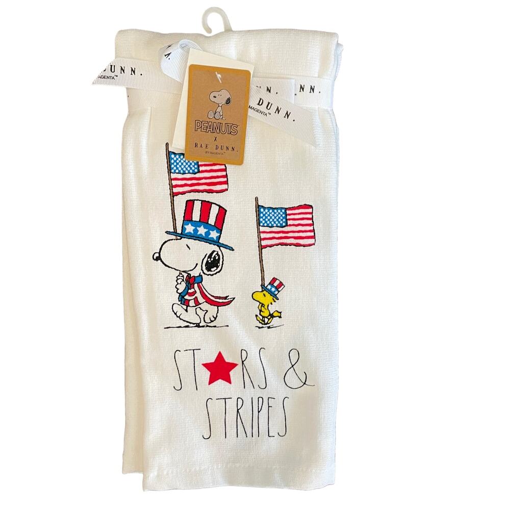 PEANUTS RAE DUNN Stars & Stripes Snoopy & Woodstock Kitchen Towels Set of 2 NEW